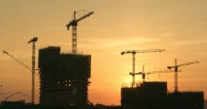 Sunset construction site in city